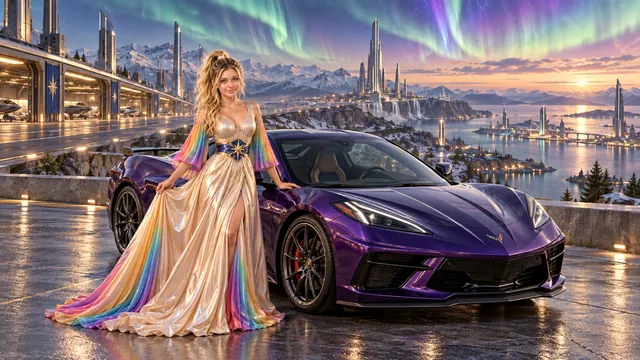Kristin as Rainbow Brite wears a iridescent champagne satin gown with rainbow pleated sleeves and a sculpted blue-and-gold star belt beside a deep violet 2020 Chevrolet Corvette C8 on Aerovik, in The Pale Meridian.