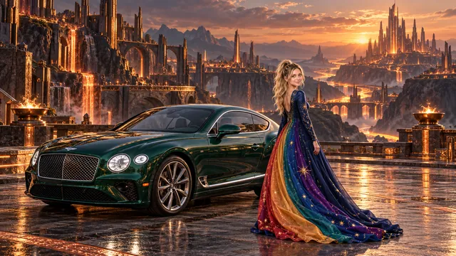 Kristin as Rainbow Brite wears a midnight-blue long-sleeved evening gown with a flowing rainbow-lined cape and tiny star embroidery beside a deep emerald green 2018 Bentley Continental GT on Cuprion, in The Pale Meridian.