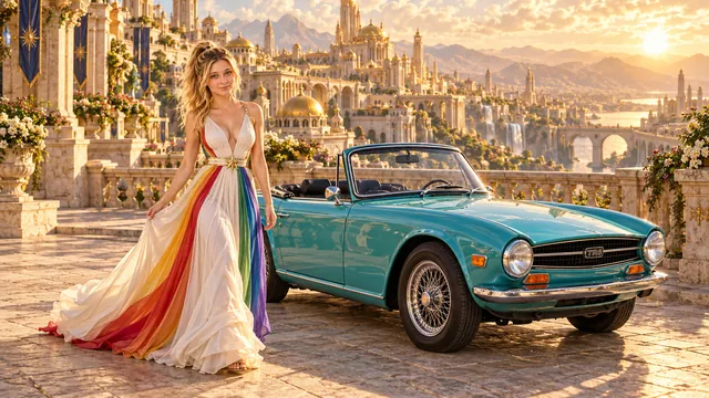 Kristin as Rainbow Brite wears a pearl-white pleated evening gown with jewel-tone rainbow panels and a fine gold star belt beside a glacier turquoise 1968 Triumph TR6 on Suryara, in The Pale Meridian.