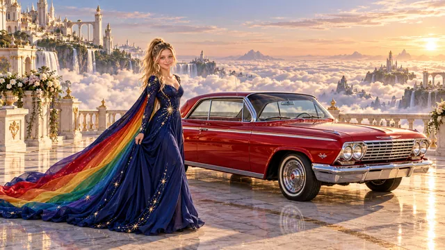 Kristin as Rainbow Brite wears a midnight-blue long-sleeved evening gown with a flowing rainbow-lined cape and tiny star embroidery beside a candy apple red 1962 Chevrolet Impala on Cloudmere, in The Reverie Cloud.