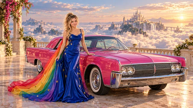 Kristin as Rainbow Brite wears a cobalt satin column gown with a dramatic rainbow chiffon cape and tiny gold star embroidery beside a hot pink 1963 Lincoln Continental on Cloudmere, in The Reverie Cloud.