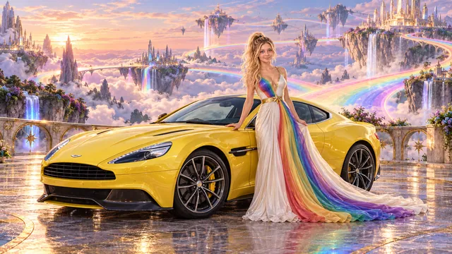 Kristin as Rainbow Brite wears a pearl-white pleated evening gown with jewel-tone rainbow panels and a fine gold star belt beside a lemon yellow 2013 Aston Martin Vanquish on Rainbow’s End, in The Reverie Cloud.