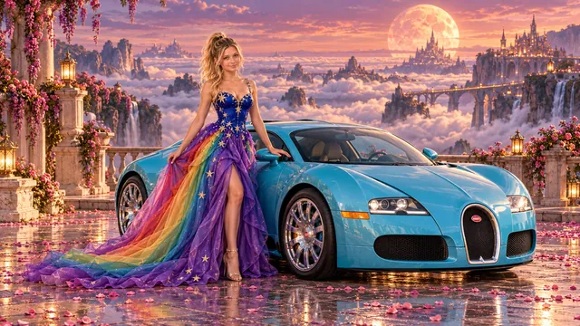Kristin as Rainbow Brite wears a violet organza couture gown with a structured cobalt bodice, sweeping rainbow train and star jewels beside a glacier turquoise 2008 Bugatti Veyron on Petal Moon, in The Reverie Cloud.
