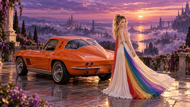 Kristin as Rainbow Brite wears a pearl-white pleated evening gown with jewel-tone rainbow panels and a fine gold star belt beside a tangerine orange 1963 Chevrolet Corvette Sting Ray on Velvet Dusk, in The Reverie Cloud.