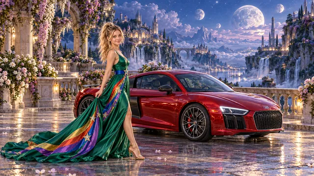 Kristin as Rainbow Brite wears a emerald silk evening dress with rainbow ribbon appliqué, a royal-blue waist sash and a jeweled star buckle beside a crimson red 2017 Audi R8 on Lunafleur, in The Reverie Cloud.
