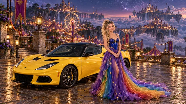 Kristin as Rainbow Brite wears a violet organza couture gown with a structured cobalt bodice, sweeping rainbow train and star jewels beside a sunflower yellow 2017 Lotus Evora 400 on The Quiet Carnival, in The Reverie Cloud.