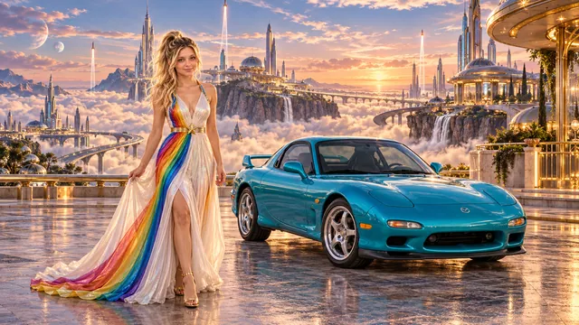 Kristin as Rainbow Brite wears a pearl-white pleated evening gown with jewel-tone rainbow panels and a fine gold star belt beside a electric turquoise 1993 Mazda RX-7 on Auravelle, in The Reverie Cloud.