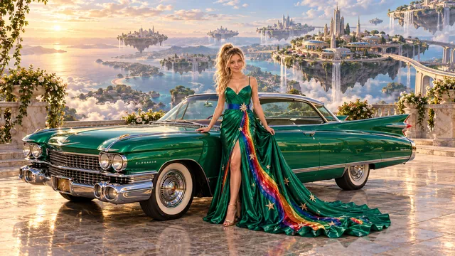 Kristin as Rainbow Brite wears a emerald silk evening dress with rainbow ribbon appliqué, a royal-blue waist sash and a jeweled star buckle beside a bright emerald 1959 Cadillac Eldorado on Rotoria, in The Reverie Cloud.
