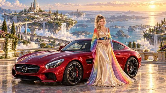 Kristin as Rainbow Brite wears a iridescent champagne satin gown with rainbow pleated sleeves and a sculpted blue-and-gold star belt beside a candy apple red 2016 Mercedes-AMG GT on Rotoria, in The Reverie Cloud.