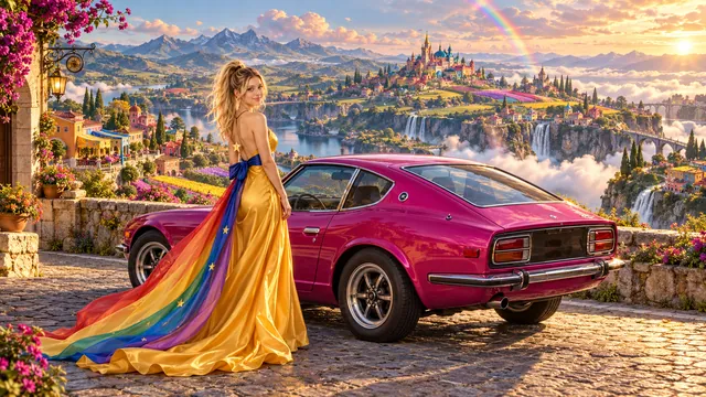 Kristin as Rainbow Brite wears a saffron satin evening gown with a royal-blue sash, graceful rainbow ribbon train and gold star pendant beside a fuchsia magenta 1972 Datsun 240Z on Wolfsora, in The Reverie Cloud.