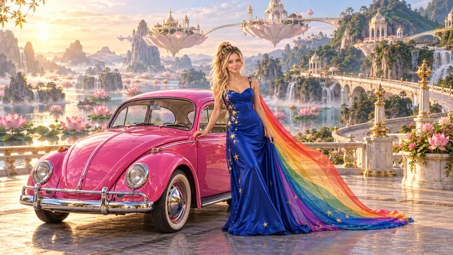 Kristin as Rainbow Brite wears a cobalt satin column gown with a dramatic rainbow chiffon cape and tiny gold star embroidery beside a hot pink 1963 Volkswagen Beetle on Petalora, in The Reverie Cloud.
