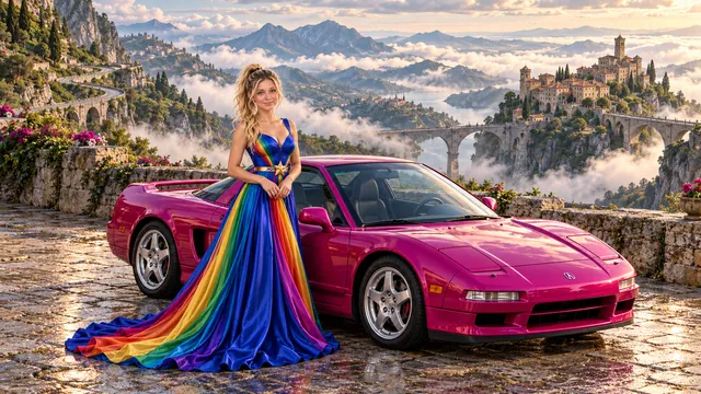 Kristin as Rainbow Brite wears a floor-length royal-blue silk gown with sculptural rainbow pleats and a flowing train, gold star belt beside a fuchsia magenta 1993 Acura NSX on Lancoria, in The Reverie Cloud.