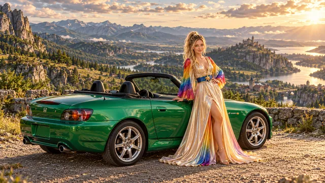Kristin as Rainbow Brite wears a iridescent champagne satin gown with rainbow pleated sleeves and a sculpted blue-and-gold star belt beside a bright emerald 2002 Honda S2000 on Dacoria, in The Reverie Cloud.
