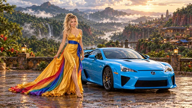 Kristin as Rainbow Brite wears a saffron satin evening gown with a royal-blue sash, graceful rainbow ribbon train and gold star pendant beside a electric cyan 2011 Lexus LFA on Dustara, in The Reverie Cloud.