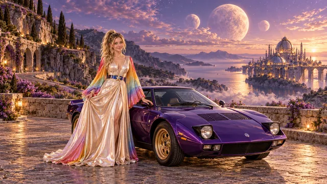 Kristin as Rainbow Brite wears a iridescent champagne satin gown with rainbow pleated sleeves and a sculpted blue-and-gold star belt beside a deep violet 1974 Lancia Stratos on Triune, in The Far Observatory.