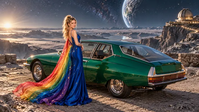 Kristin as Rainbow Brite wears a cobalt satin column gown with a dramatic rainbow chiffon cape and tiny gold star embroidery beside a bright emerald 1972 Citroën SM on Selene, in The Far Observatory.