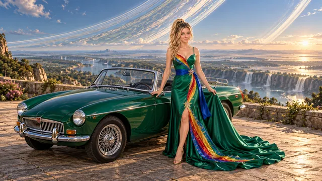 Kristin as Rainbow Brite wears a emerald silk evening dress with rainbow ribbon appliqué, a royal-blue waist sash and a jeweled star buckle beside a bright emerald 1965 MG MGB Roadster on Ringworld, in The Far Observatory.