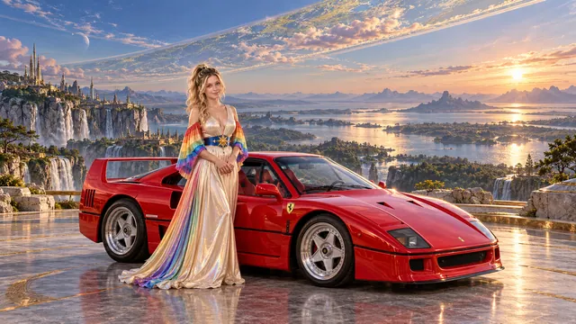 Kristin as Rainbow Brite wears a iridescent champagne satin gown with rainbow pleated sleeves and a sculpted blue-and-gold star belt beside a candy apple red 1987 Ferrari F40 on Ringworld, in The Far Observatory.