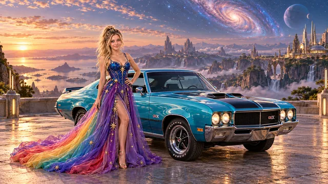 Kristin as Rainbow Brite wears a violet organza couture gown with a structured cobalt bodice, sweeping rainbow train and star jewels beside a electric turquoise 1970 Buick GSX on Andara, in The Far Observatory.