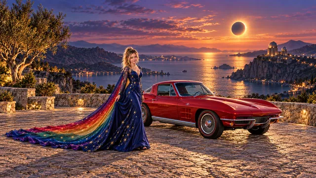 Kristin as Rainbow Brite wears a midnight-blue long-sleeved evening gown with a flowing rainbow-lined cape and tiny star embroidery beside a candy apple red 1963 Chevrolet Corvette Sting Ray on Eclipse Bay, in The Far Observatory.