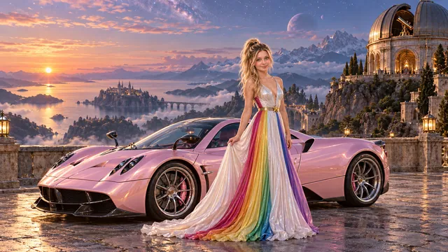 Kristin as Rainbow Brite wears a pearl-white pleated evening gown with jewel-tone rainbow panels and a fine gold star belt beside a pearl pink 2014 Pagani Huayra on Wanderer’s Rest, in The Far Observatory.