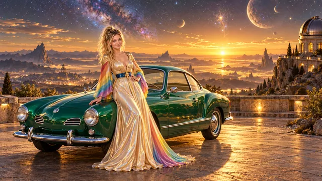 Kristin as Rainbow Brite wears a iridescent champagne satin gown with rainbow pleated sleeves and a sculpted blue-and-gold star belt beside a bright emerald 1965 Volkswagen Karmann Ghia on The Last Light, in The Far Observatory.