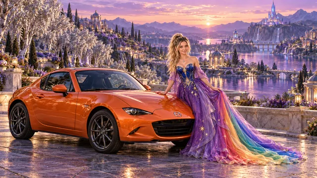 Kristin as Rainbow Brite wears a violet organza couture gown with a structured cobalt bodice, sweeping rainbow train and star jewels beside a tangerine orange 2019 Mazda MX-5 RF on Veloria, in The Far Observatory.
