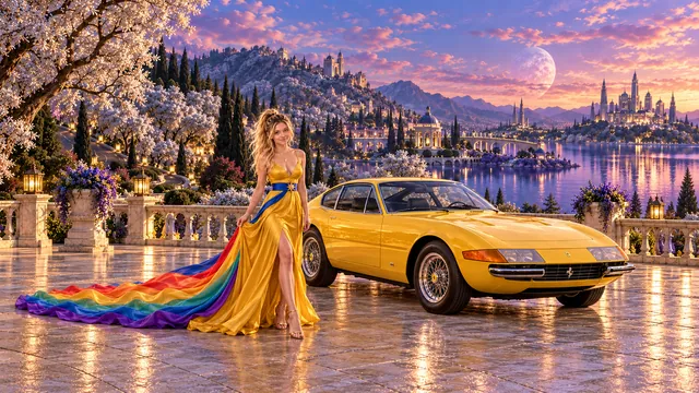 Kristin as Rainbow Brite wears a saffron satin evening gown with a royal-blue sash, graceful rainbow ribbon train and gold star pendant beside a sunflower yellow 1968 Ferrari 365 GTB/4 Daytona on Veloria, in The Far Observatory.