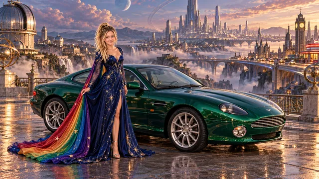 Kristin as Rainbow Brite wears a midnight-blue long-sleeved evening gown with a flowing rainbow-lined cape and tiny star embroidery beside a bright emerald 2003 Aston Martin DB7 on Fluxhaven, in The Far Observatory.