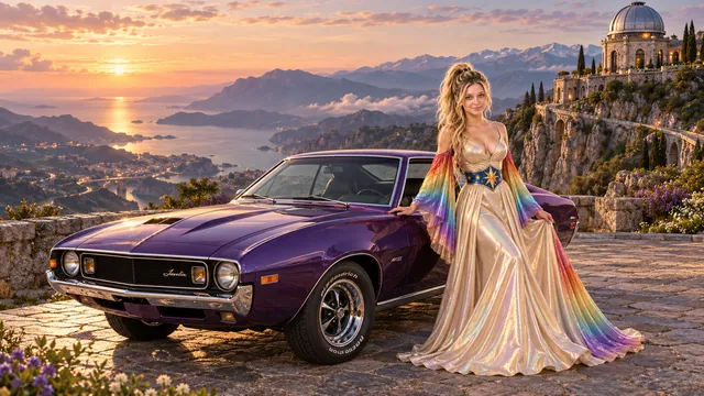 Kristin as Rainbow Brite wears a iridescent champagne satin gown with rainbow pleated sleeves and a sculpted blue-and-gold star belt beside a deep violet 1973 AMC Javelin on Crestgarten, in The Far Observatory.
