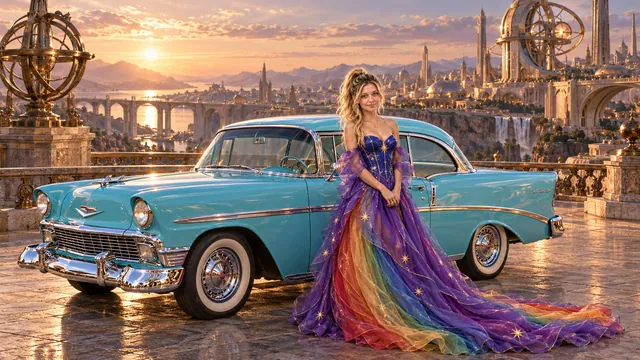 Kristin as Rainbow Brite wears a violet organza couture gown with a structured cobalt bodice, sweeping rainbow train and star jewels beside a glacier turquoise 1956 Chevrolet Bel Air on Artifex, in The Far Observatory.