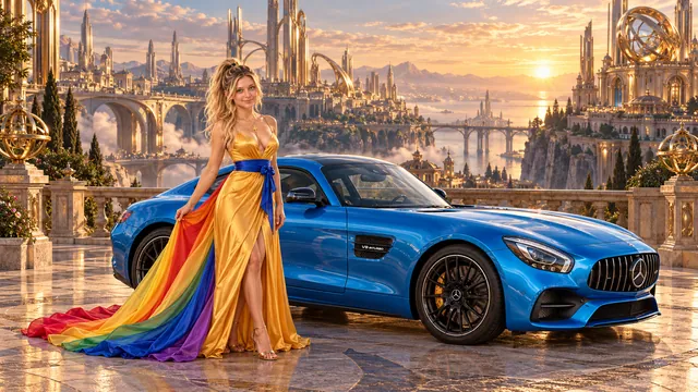 Kristin as Rainbow Brite wears a saffron satin evening gown with a royal-blue sash, graceful rainbow ribbon train and gold star pendant beside a electric cyan 2016 Mercedes-AMG GT on Artifex, in The Far Observatory.