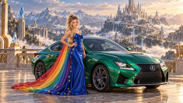 Kristin as Rainbow Brite wears a cobalt satin column gown with a dramatic rainbow chiffon cape and tiny gold star embroidery beside a bright emerald 2015 Lexus RC F on Crownspire, in The Far Observatory.