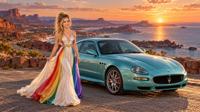 Kristin as Rainbow Brite wears a pearl-white pleated evening gown with jewel-tone rainbow panels and a fine gold star belt beside a glacier turquoise 2004 Maserati GranSport on Lionreach, in The Far Observatory.