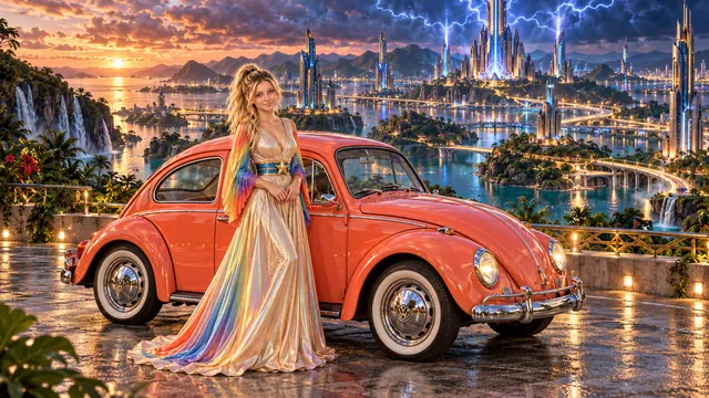 Kristin as Rainbow Brite wears a iridescent champagne satin gown with rainbow pleated sleeves and a sculpted blue-and-gold star belt beside a bright coral 1963 Volkswagen Beetle on Protonis, in The Far Observatory.