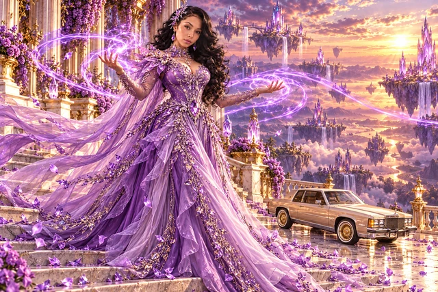 Lavender Lady B with a champagne 1982 Cadillac Eldorado. Lavender heroine, violet light, vintage Cadillac. Fictional automotive artwork.