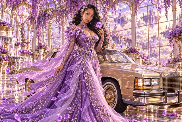 Lavender Lady B with a champagne 1982 Cadillac Eldorado. Lavender heroine beside a champagne Cadillac(2). Fictional automotive artwork.