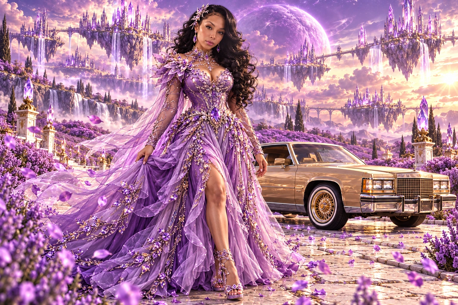 Lavender Lady B with a champagne 1982 Cadillac Eldorado. Lavender heroine beside a vintage Cadillac. Fictional automotive artwork.