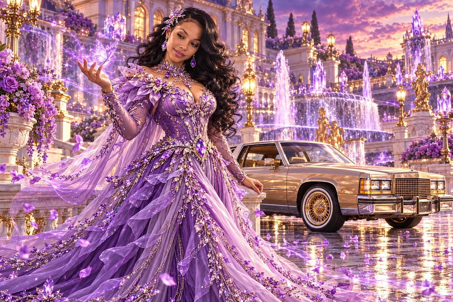 Lavender Lady B with a champagne 1982 Cadillac Eldorado. Lavender heroine beside a champagne Cadillac(1). Fictional automotive artwork.