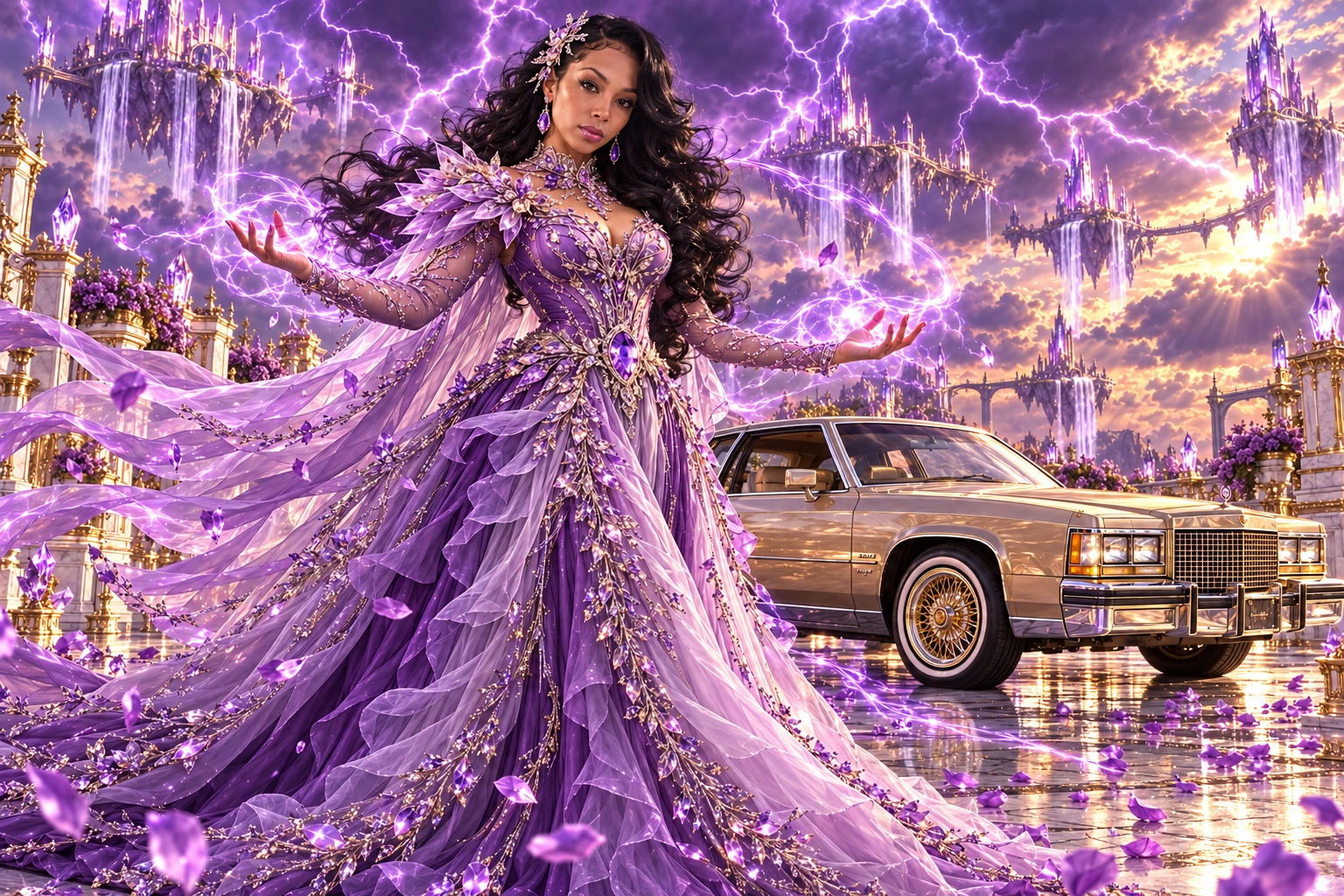 Lavender Lady B with a champagne 1982 Cadillac Eldorado. Storm Sovereign and the Champagne Cadillac. Fictional automotive artwork.