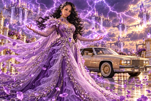 Lavender Lady B with a champagne 1982 Cadillac Eldorado. Storm Sovereign and the Champagne Cadillac. Fictional automotive artwork.