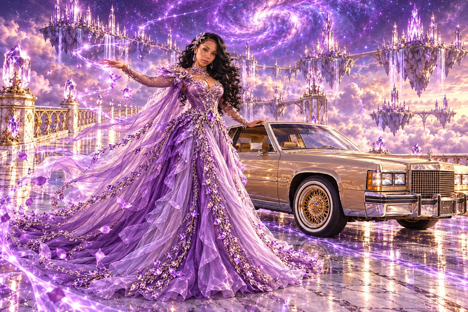 Lavender Lady B with a champagne 1982 Cadillac Eldorado. Lavender heroine beside a champagne Cadillac. Fictional automotive artwork.