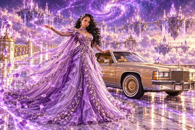 Lavender Lady B with a champagne 1982 Cadillac Eldorado. Lavender heroine beside a champagne Cadillac. Fictional automotive artwork.