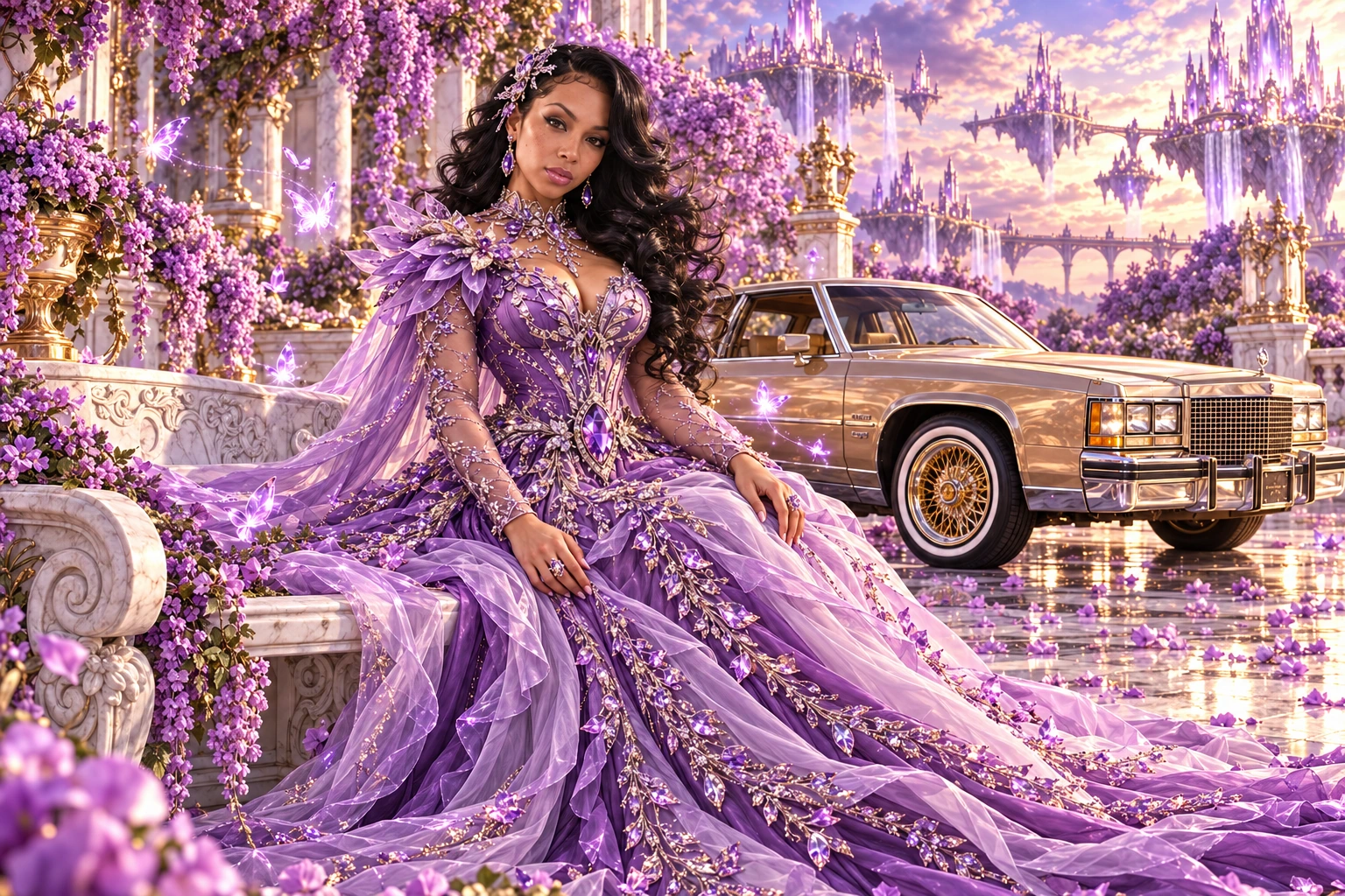 Lavender Lady B with a champagne 1982 Cadillac Eldorado. Lavender Lady beside a Celestial Cadillac. Fictional automotive artwork.