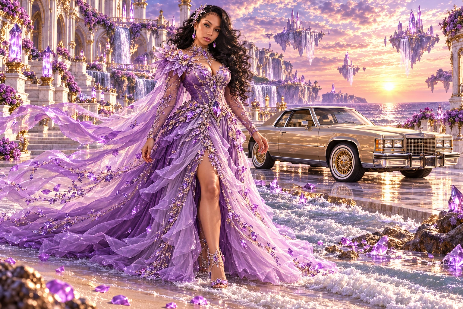 Lavender Lady B with a champagne 1982 Cadillac Eldorado. Lavender Lady on the Crystal Shore. Fictional automotive artwork.