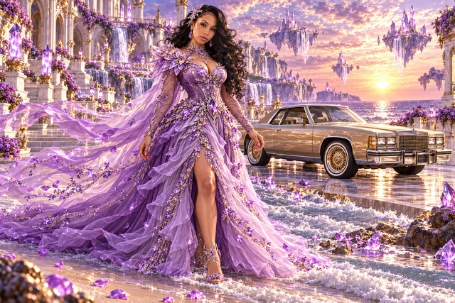 Lavender Lady B with a champagne 1982 Cadillac Eldorado. Lavender Lady on the Crystal Shore. Fictional automotive artwork.