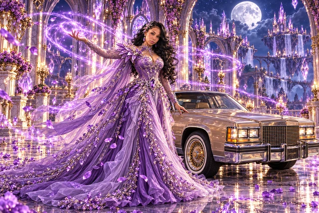 Lavender Lady B with a champagne 1982 Cadillac Eldorado. Lavender Lady and the Moonlit Eldorado. Fictional automotive artwork.