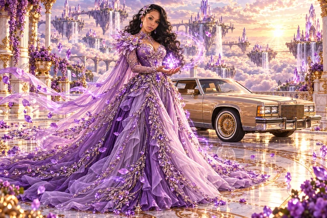 Lavender Lady B with a champagne 1982 Cadillac Eldorado. Lavender Lady at Violet Sunrise. Fictional automotive artwork.