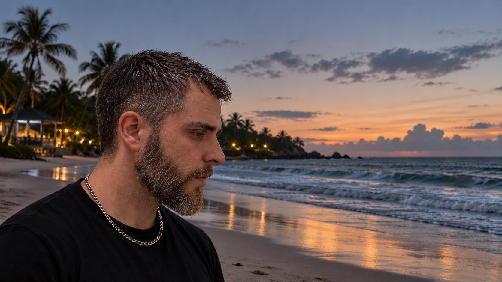Larry in profile beside a palm-lined beach at natural dusk.