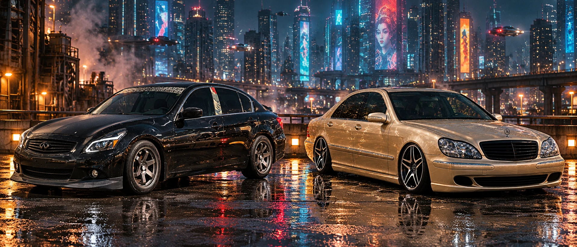 Pearl and Allison under neon rain